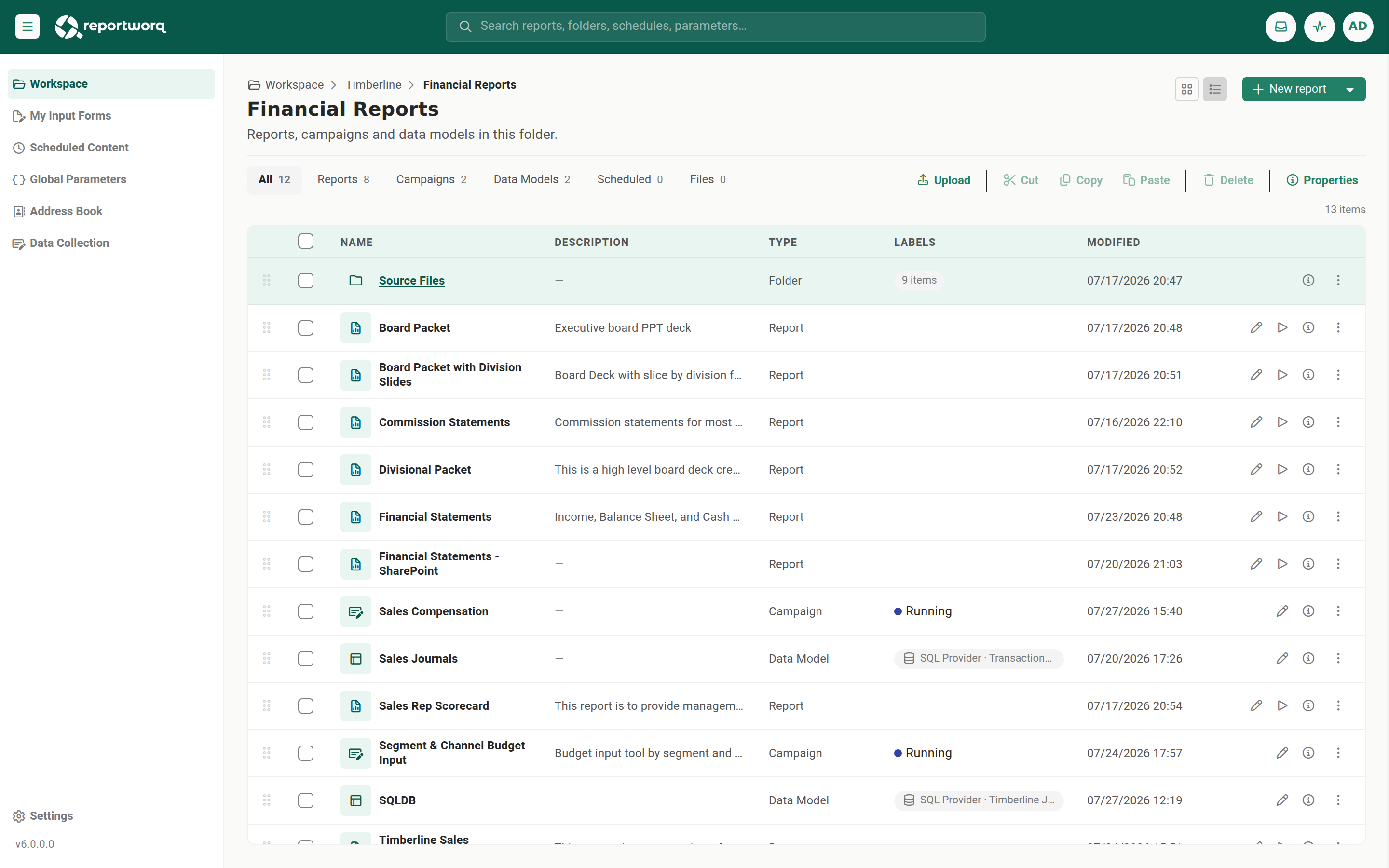 A populated workspace folder mixing reports, contribution campaigns, data models, and a sub-folder, with the type-filter counts across the top and per-row actions on the right