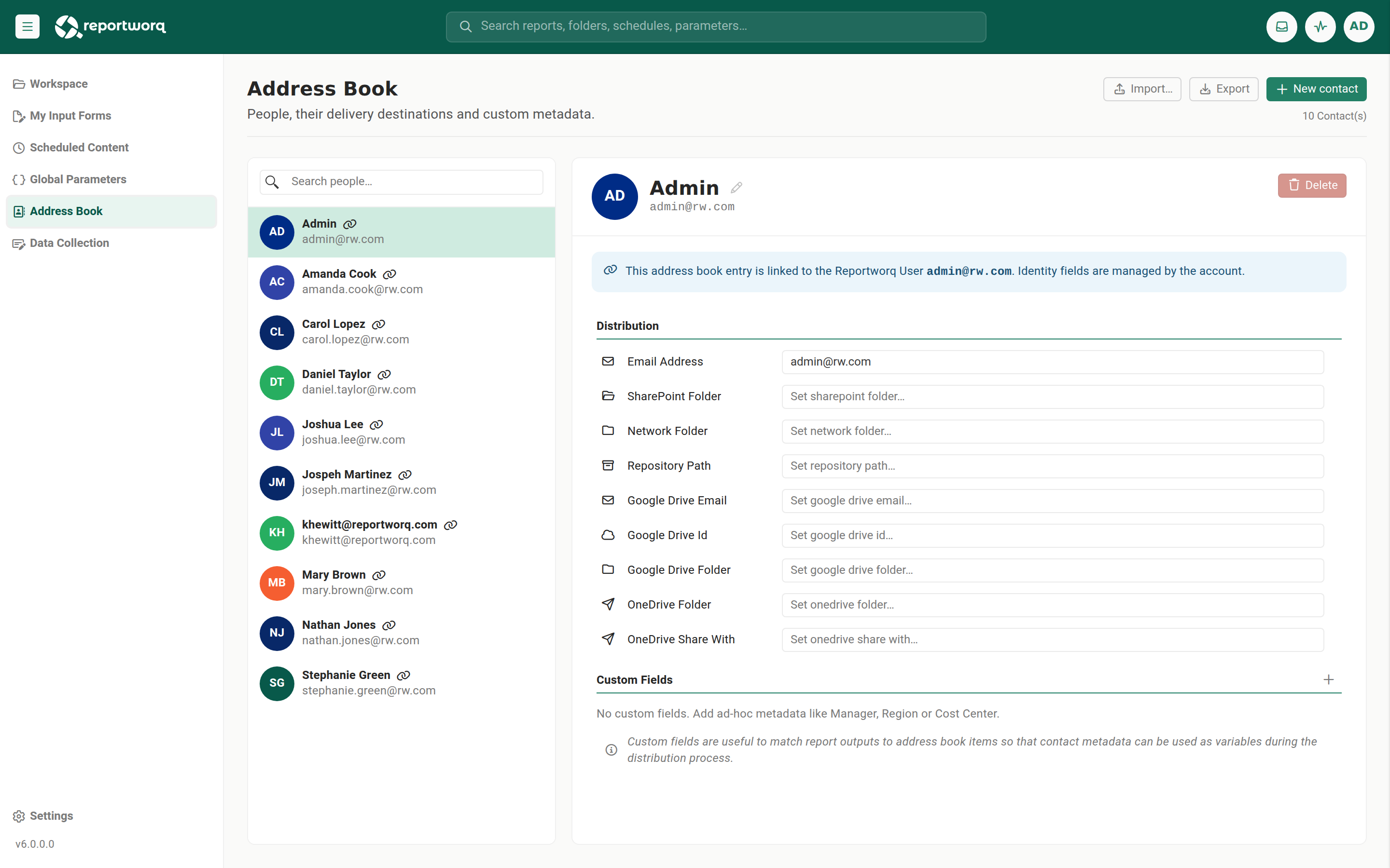 The Address Book, listing contacts with their delivery destinations and custom fields