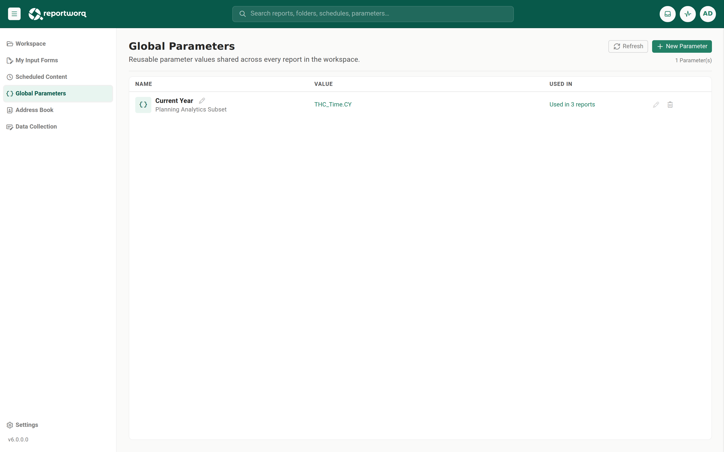 The Global Parameters screen, each row showing the parameter, its description, a usage tooltip, and the edit-value and delete actions