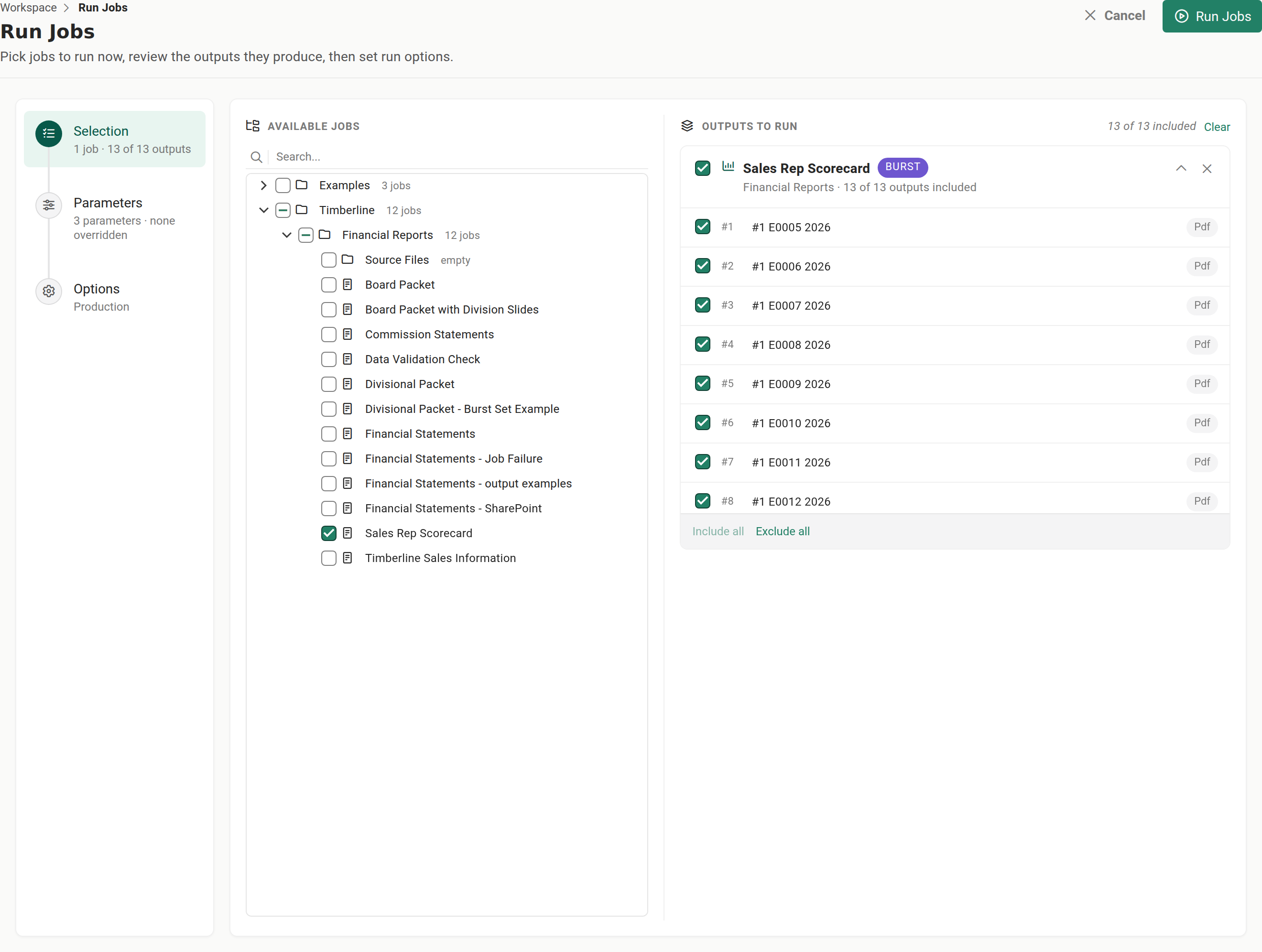 The Run Jobs Selection step, with the job tree on the left and a resolved outputs card on the right